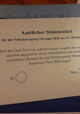 Ein Stimmzettel ist keine Werbefläche! Stimmzettel Tiroler Olympia-Volksbefragung