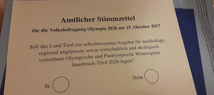 Stimmzettel Tiroler Olympia-Volksbefragung
