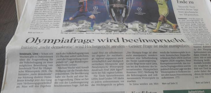 mehr demokratie! auf Titelseite der Tiroler Tageszeigung "Olympiafrage wird beeinsprucht"